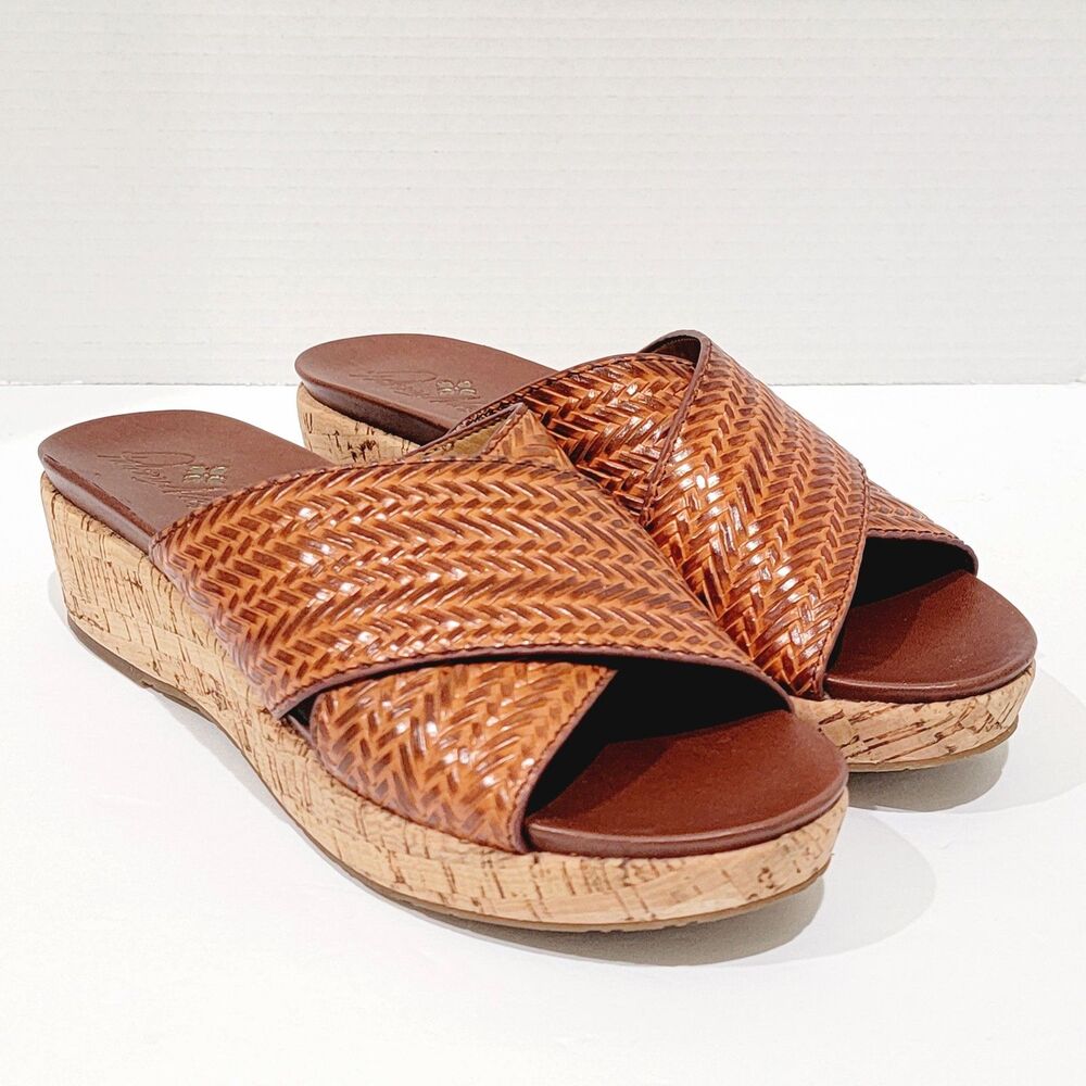 Patricia Nash Sandals Womens Size 8.5 M Luca Leather Slide Wedge Cognac Heels